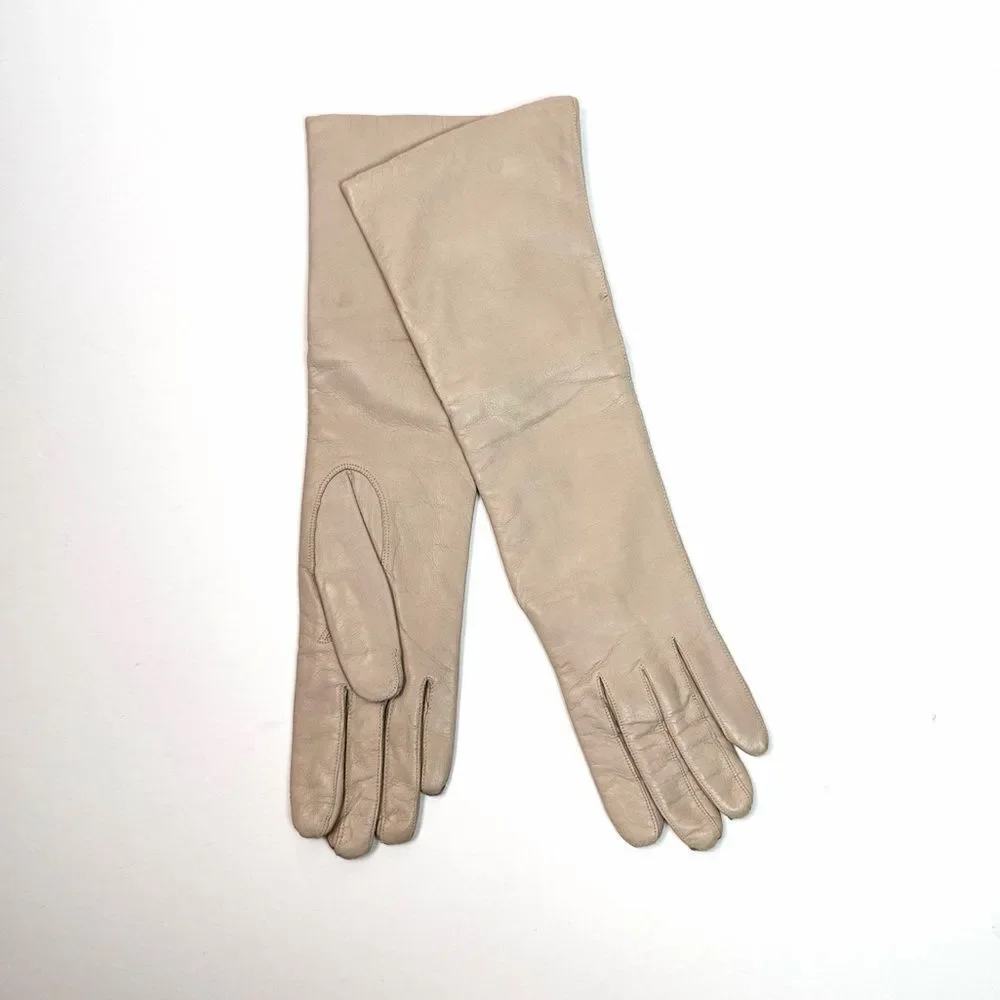 Bloomingdale's Long Leather Gloves Wool Lining Hazelnut Beige Vintage France 6,5